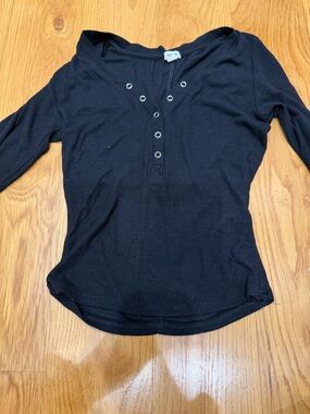 Garage Black Ribbed Long Sleeve Henley Top